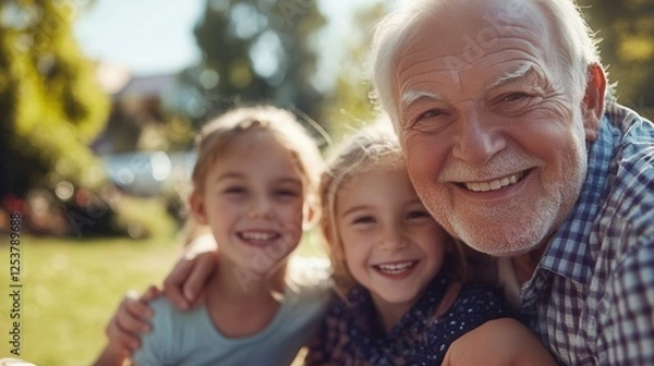 Fototapeta Two children and an older man smile together, capturing a joyful moment in a posed photograph, showcasing family bonds and togetherness.