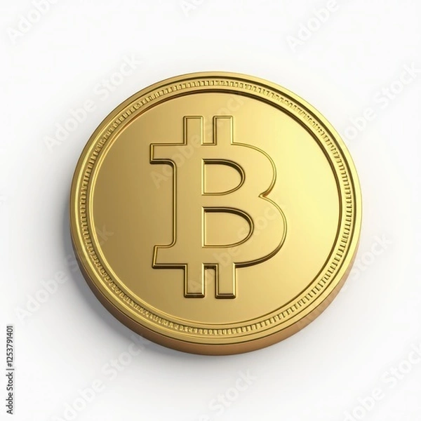 Fototapeta Close-Up of a Detailed Bitcoin Coin in Shimmering Gold Finish on a White Background, Ideal for Representing Cryptocurrency Themes, Digital Investment, and Modern Finance Concepts
