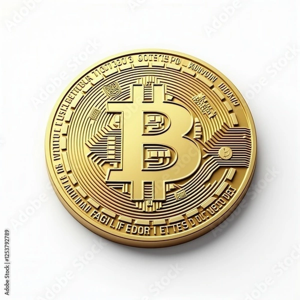 Fototapeta Close-Up of a Detailed Bitcoin Coin in Shimmering Gold Finish on a White Background, Ideal for Representing Cryptocurrency Themes, Digital Investment, and Modern Finance Concepts