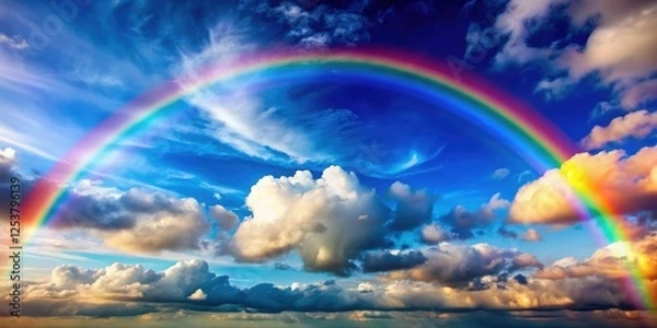 Fototapeta A colorful rainbow stretching across the sky with fluffy white clouds in the background, natural, clouds, horizon