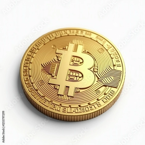 Fototapeta Close-Up of a Detailed Bitcoin Coin in Shimmering Gold Finish on a White Background, Ideal for Representing Cryptocurrency Themes, Digital Investment, and Modern Finance Concepts
