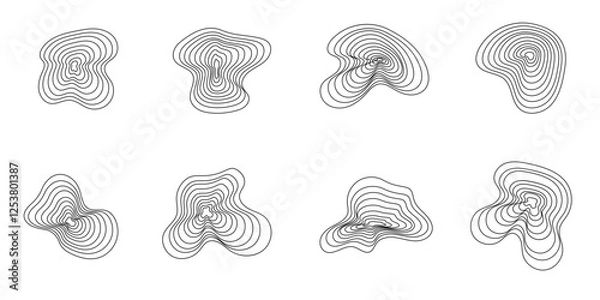 Fototapeta Doodle distorted blob shape set. Tree rings, circle, wood age. Wavy curve. Vector simple design