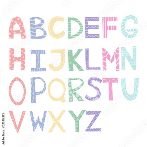 Fototapeta Cute hand-drawn English alphabet for kids. Pastel colors, ornamental decorative design, dots, lines, geometric shapes. Vector isolated on white background 