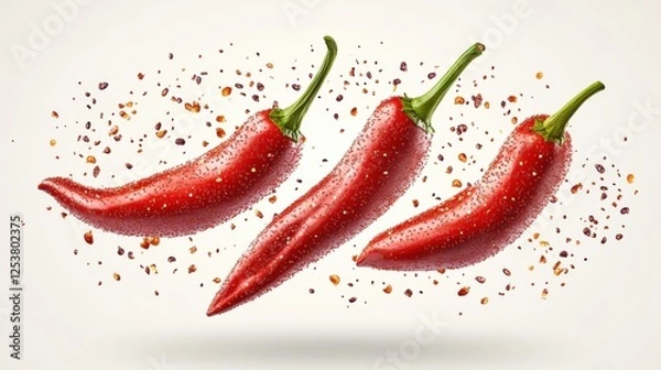 Obraz Fresh Red Chili Peppers Sprinkled with Seasoning on a Light Background