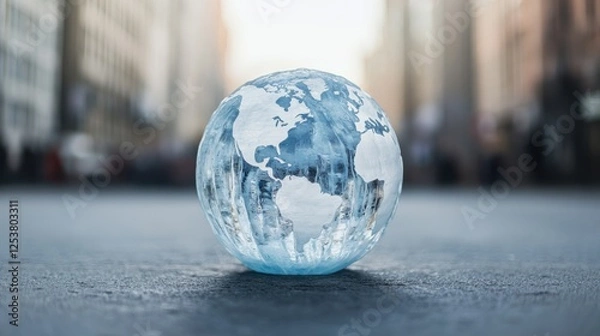 Fototapeta A translucent globe rests on a street, symbolizing the Earth amidst an urban landscape, reflecting themes of climate change and environmental awareness.