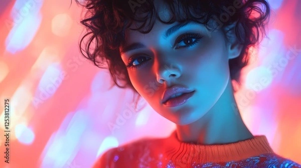 Obraz Cyberpunk-style retrowave people with neon aesthetics, glowing futuristic skyline, and abstract digital dreamscape, infused with nostalgic 80s vibes, fantasy book illustration style