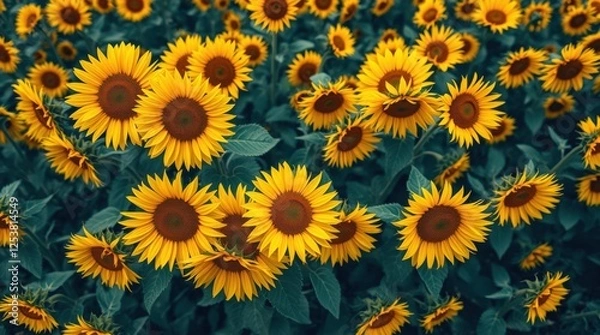 Fototapeta Field of sunflowers in full bloom, vibrant yellow petals against a backdrop of lush green leaves.