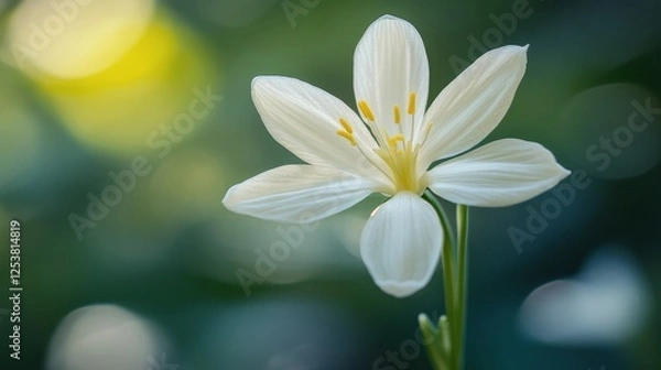 Fototapeta Delicate white flower blooming on a dark stone surface in a serene setting