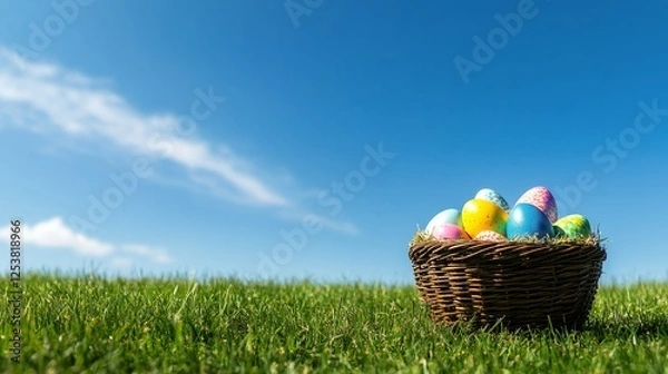 Fototapeta Colorful easter eggs arranged in a wicker basket on grassy field under clear blue sky