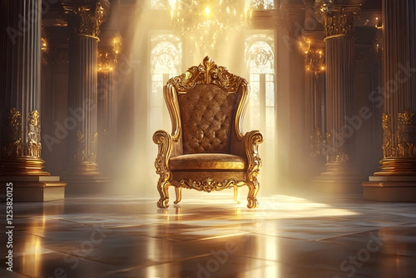 Fototapeta A golden throne chair in a luxury palace with bright light shining through the window. The fantasy background and hyper-realistic details evoke a sense of royal power.