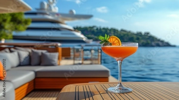 Fototapeta Enjoying a refreshing drink on a luxury yacht during sunset by the coast
