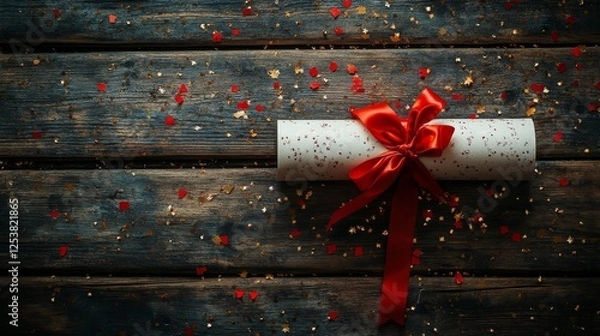 Fototapeta Creative gift wrap with a red bow on wooden table surrounded by confetti pieces