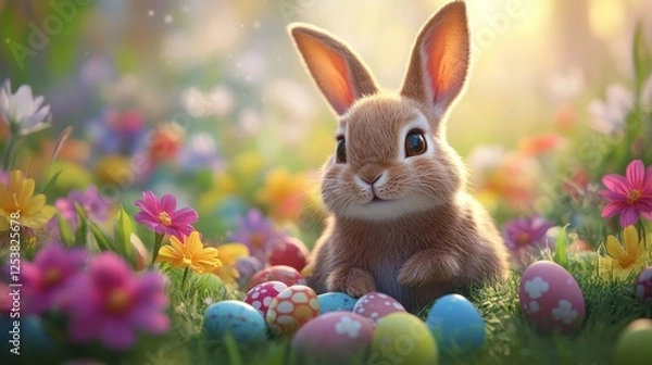 Fototapeta Cute rabbit surrounded by colorful eggs and flowers in a vibrant spring setting