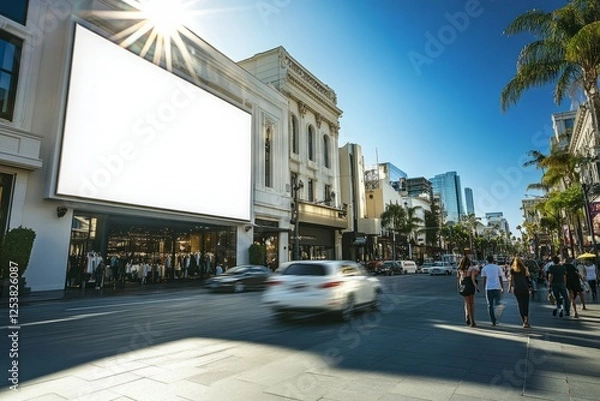 Fototapeta Mock up of an empty billboard on a busy shopping street during a sunny day