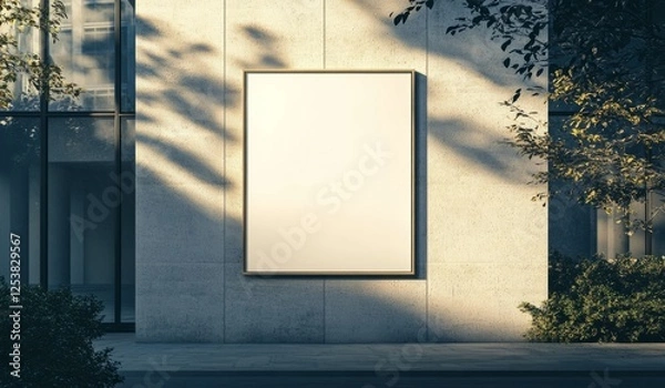 Fototapeta Mock up of a blank billboard against a modern building showing the play of light and shadows in an urban setting
