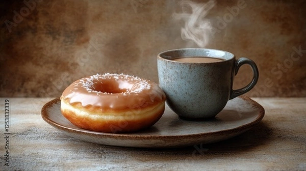 Fototapeta Enjoying a warm cup of coffee with a sweet donut on a cozy table