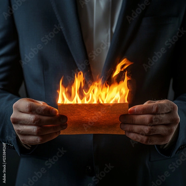 Fototapeta Business professional holding burning document with dramatic flames in dark office setting