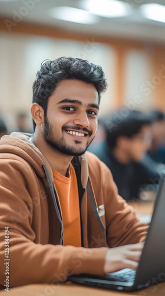 Obraz An Indian student sitting in the classroom and smiling while using their laptop
