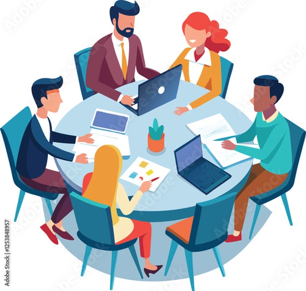 Fototapeta Partners meeting for business discussion with documents and laptop on desk. Couple at round table, speaking, discussing work, partnership. Flat vector on a white background