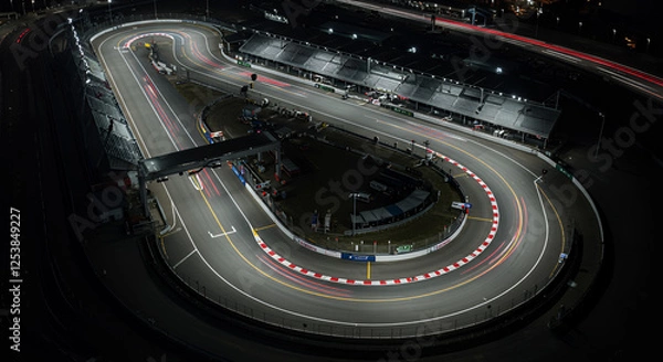 Obraz An aerial view of a sleek Formula 1 racetrack at night, with bright neon track lighting guiding the curves.