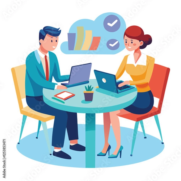 Fototapeta Partners meeting for business discussion with documents and laptop on desk. Couple at round table, speaking, discussing work, partnership. Flat vector on a white background