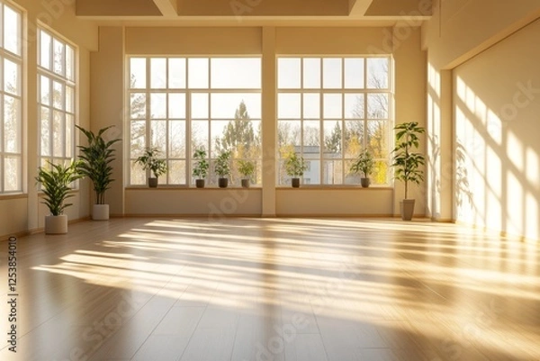 Fototapeta Sunny, empty studio with large windows, plants, and city view.  Ideal for yoga or meditation