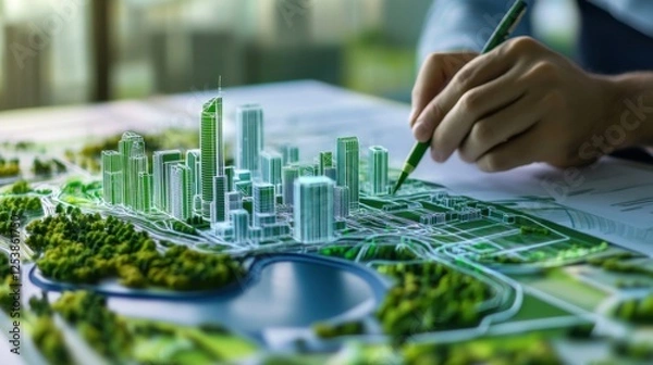 Fototapeta A serene shot of an architect sketching plans for a futuristic city district with smart technologies and green infrastructure, Futuristic city planning scene, Urban innovation style