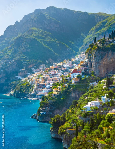 Obraz Morning view of Positano cityscape on coast line of mediterranean sea, Italy
