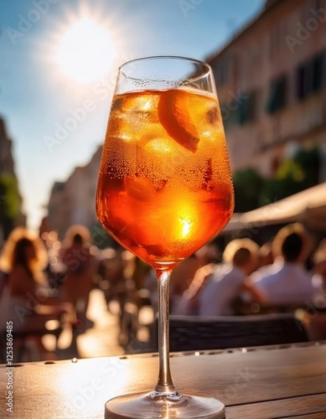 Obraz A refreshing Aperol Spritz, adorned with ice and a slice of citrus, rests invitingly on a table as the sun sets over a lively street. Perfect for summer gatherings and relaxed moments