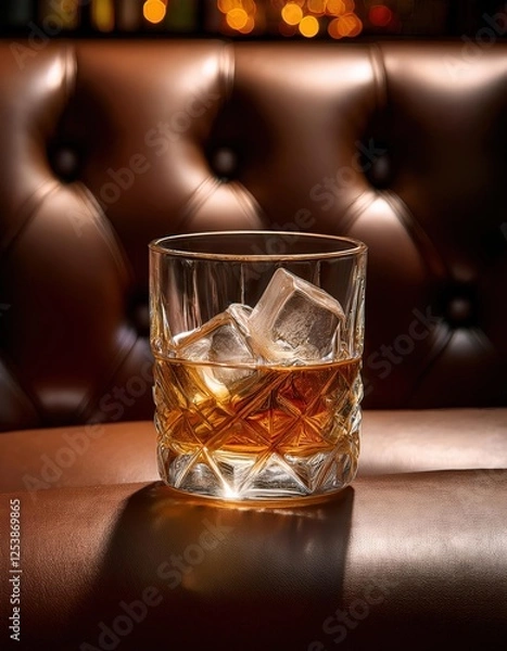 Obraz Rich amber whisky with ice cubes fills a crystal glass, slightly tilted on a plush leather surface