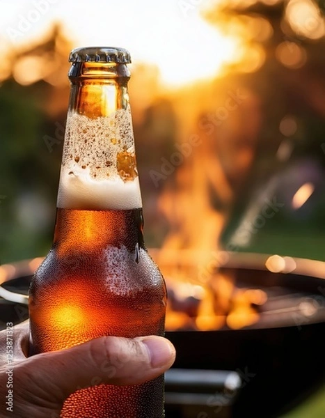 Obraz A refreshing cold beer bottle is held up, droplets of condensation glistening on its surface. The warm sunlight shines through, enhancing the cheerful atmosphere of a backyard barbecue with friends