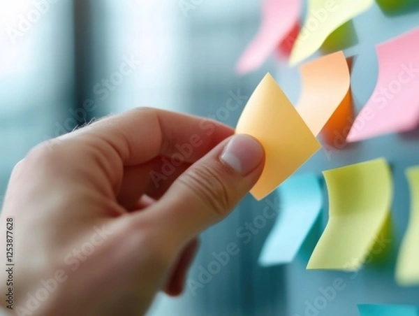 Fototapeta hand adding a sticky note to a board