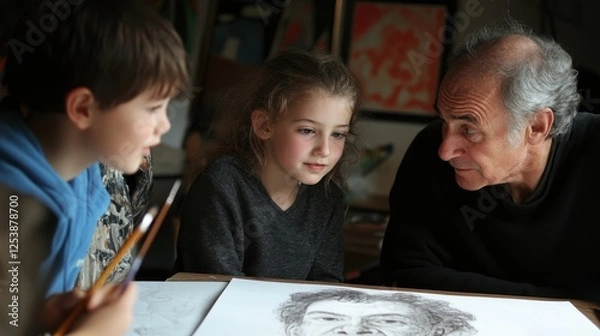Fototapeta A thoughtful interaction between children and an elder artist during an art session.
