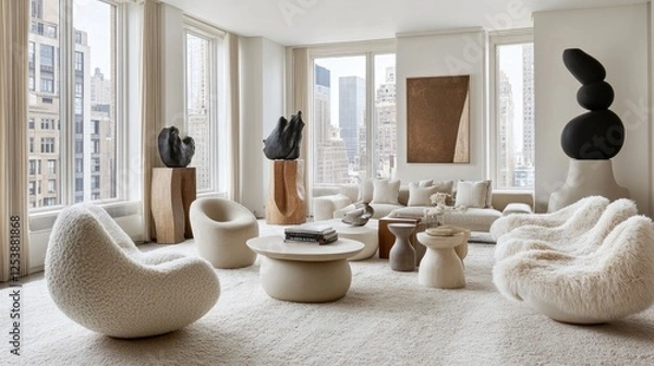 Obraz A modern living room with neutral hues, soft textures, and sculptural decor, bathed in natural light from large windows.