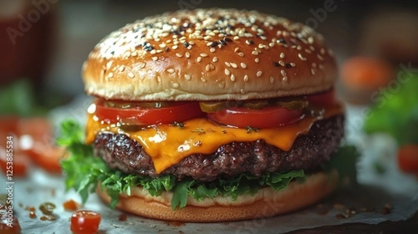 Obraz Delicious cheeseburger with lettuce, tomato, pickles, and sesame seeds on bun