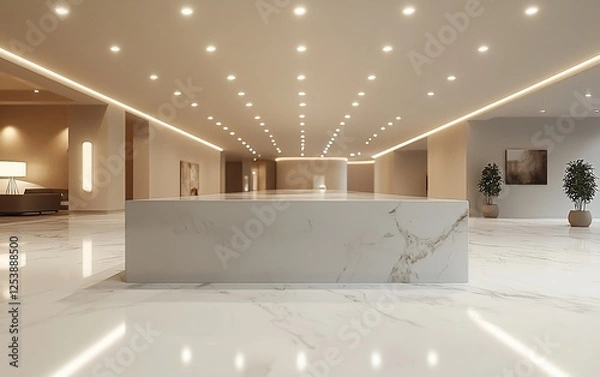 Fototapeta Modern minimalist lobby with marble reception desk and recessed lighting.