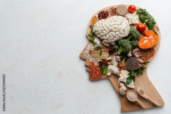 Fototapeta A creative display of healthy food items is arranged in the shape of a brain, emphasizing the connection between nutrition and mental health for overall well-being.
