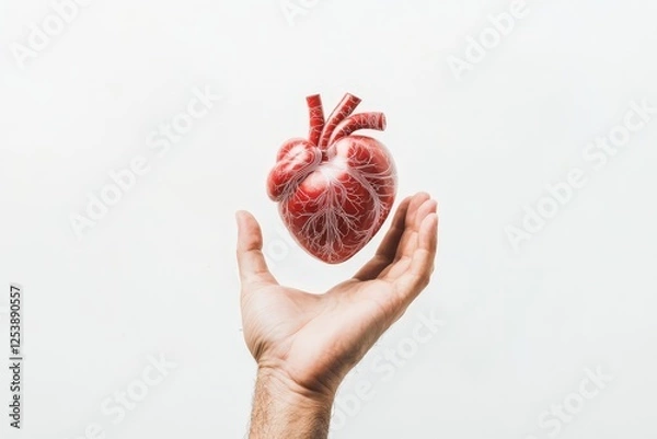 Fototapeta A lifelike representation of a human heart held in a hand underlines the importance of anatomy and the intricate details of the circulatory system.