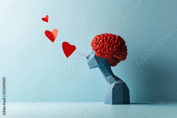 Fototapeta A thought-provoking artistic sculpture of a brain releasing heart symbols, illustrating the profound emotional connections between intellect and feelings of love.