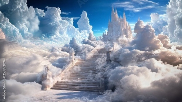Fototapeta Feathered staircase ascending to a majestic castle in the sky, intricate details and ethereal beauty, enchanting and surreal atmosphere