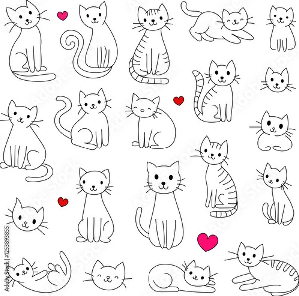 Fototapeta Cute Hand Drawn Doodle Cats Funny Kittens Collection - Simple funny cute doodle cats, line outline icons set in different poses and unusual interpretation vector illustration isolated on white.
