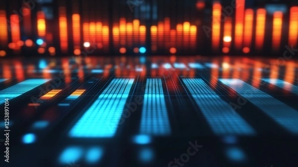 Fototapeta Abstract Digital Audio Visualizer with Glowing Blue and Orange Bars Reflecting on a Polished Surface