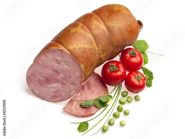 Obraz Boiled sausage decorated with tomatoes, onion and pea