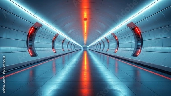 Fototapeta A futuristic tunnel with vibrant neon lights reflecting on a shiny floor.