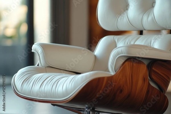 Fototapeta A high-quality image of a luxurious white leather chair with a sturdy wooden base