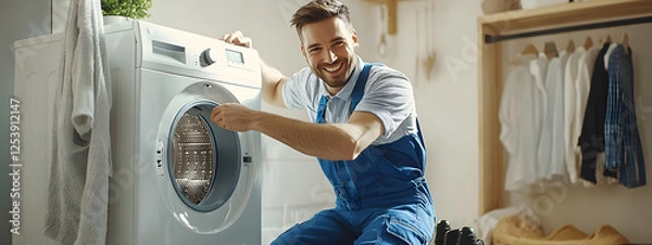 Fototapeta A smiling man in blue work is repairing the washing machine at home
