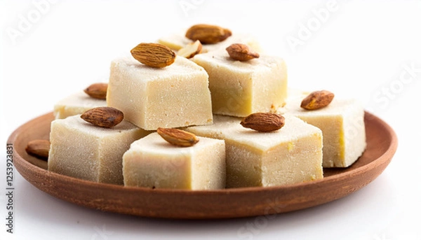 Fototapeta milk powder barfi also known as mava burfi toped with nuts isolated on white background