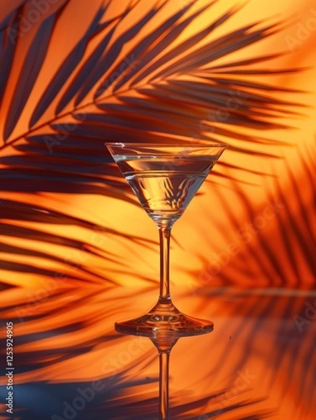Fototapeta Golden reflections illuminate a tropical cocktail glass as palm leaf shadows create a relaxing and vibrant atmosphere