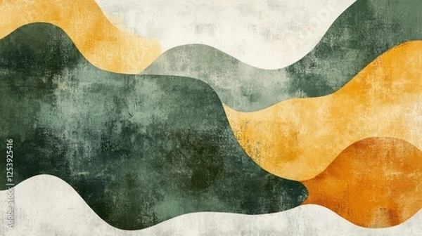 Fototapeta Abstract wavy shapes overlap in earthy green and gold tones