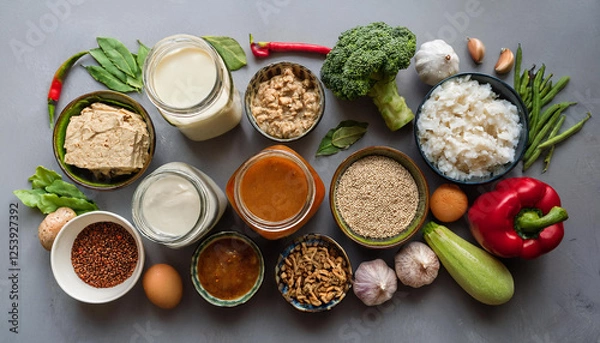 Fototapeta a vibrant flat lay of organic fermented foods including miso tempeh and kefir surrounded by fresh vegetables and spices highlighting the natural fermentation process